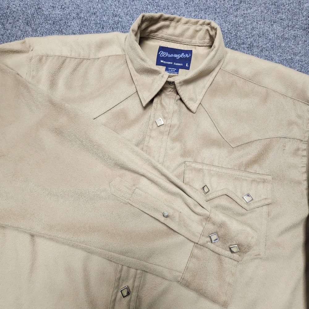 Wrangler Western Shirt‎ Mens Large Tan Faux Suede Diamond Snap Sawtooth Pocket